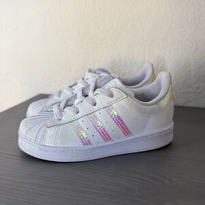 Adidas Kids White Sneakers with Iridescent Stripes